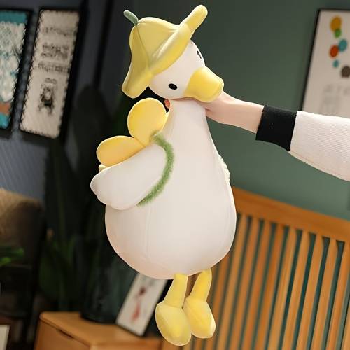 Cute White Duck Plush Toy - Fluffy Stuffed Animal with Yellow Sun Hat And Green Accents, Charming Birthday Gift And Holiday Present for Whimsical Plush Collectors/Adults