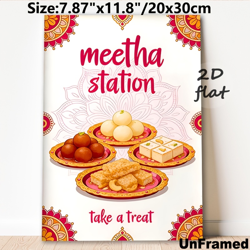 TEMU 2d Flat, 2d Flat, 2d Flat 1pc For Home Decor Canvas Prints Poster No Frame, Meetha Station Indian Sweets Painting Poster, Festive Mandala Sweet