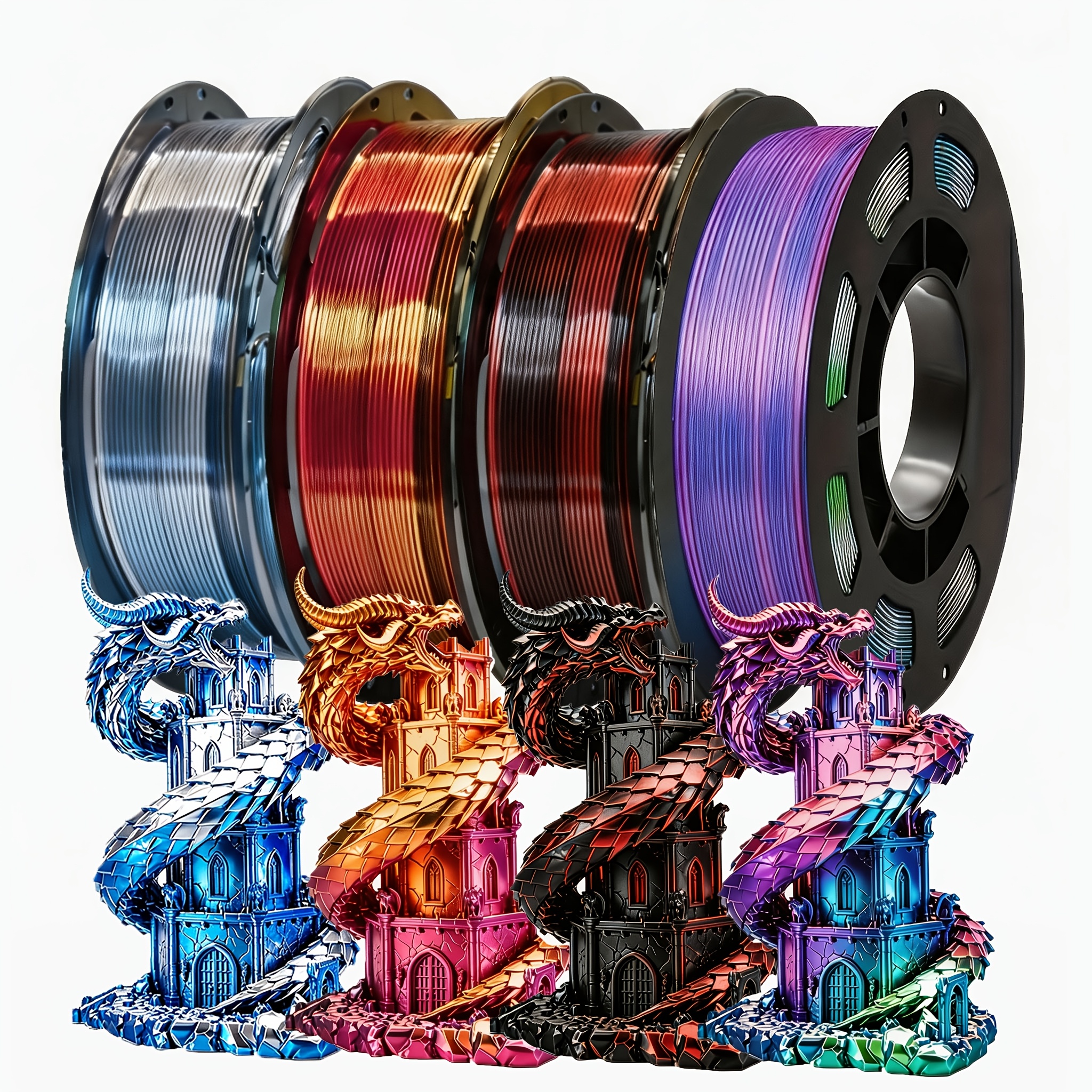 TEMU Lot de filament pour imprimante 3D PLA, 4 bobines de 250G (0.55 LBS) , filament brillant et tricolore 1.75mm, pack de changement de couleur