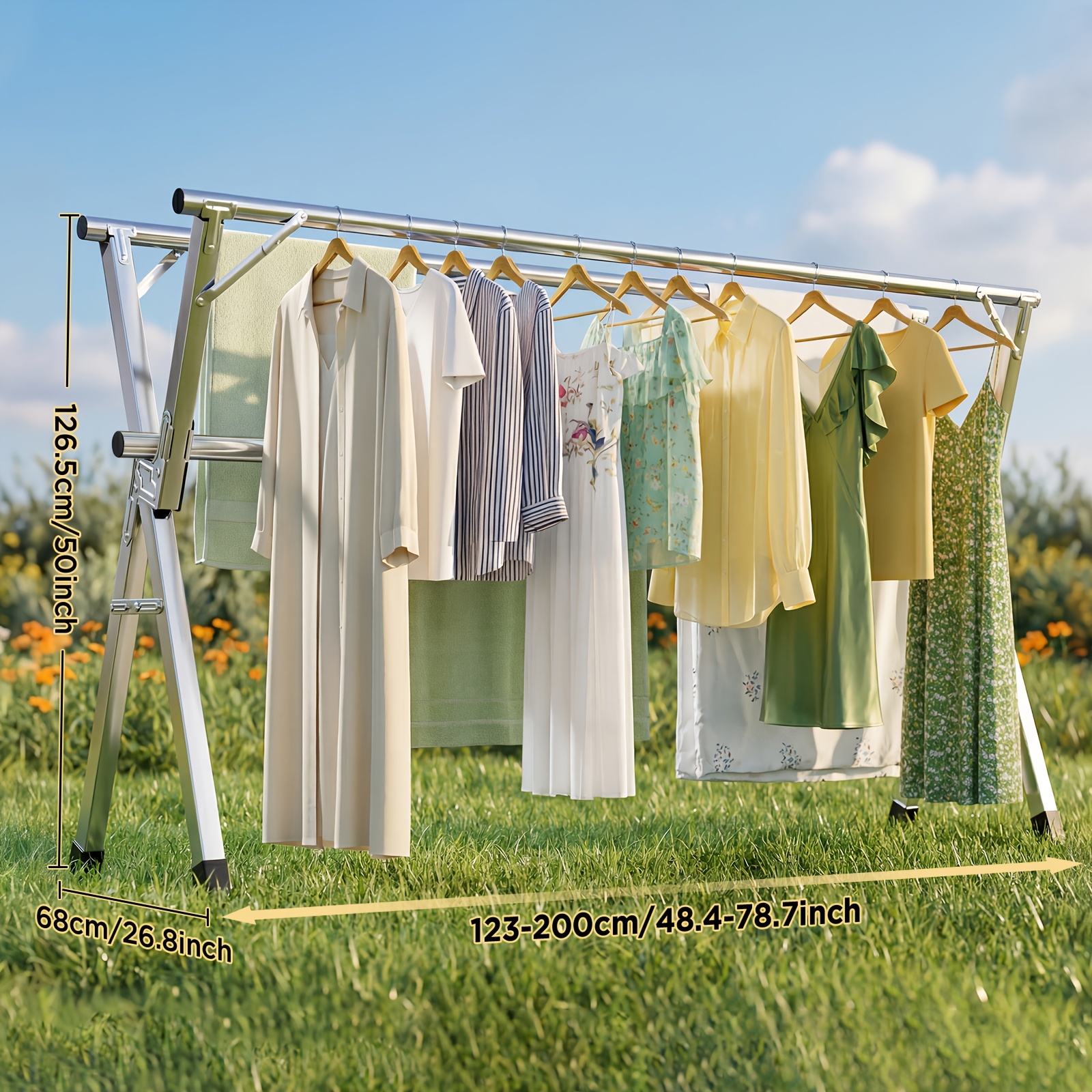 TEMU Stainless Steel Folding Clothes Drying Rack, 1pc, Space-saving, 199.9cm Telescopic Laundry Drying Rack, Collapsible Drying Line For Balcony,