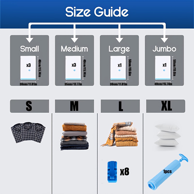 TEMU 17pcs Vacuum Compression Bag Set With Manual Pump, (3pcs Small, 3pcs Medium, 1pc Large, 1pc Extra Large, 8pcs Sealing Clips, 1pc Manual Air