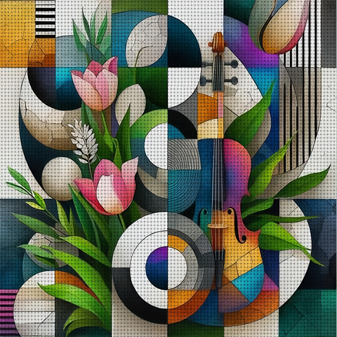 TEMU A Cross- Kit Featuring A Printed Design Of 'abstract Geometric Violin Tulip', Beginners To Enjoy Crafting During Their . It Allows You To