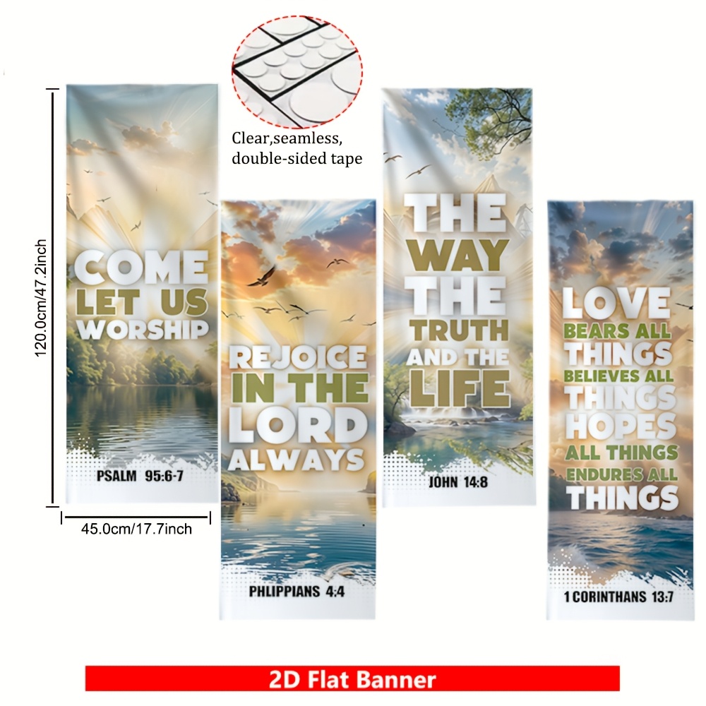 TEMU 4pcs, Inspirational Church Banner With Scripture, Polyester Party Banner, Worship The Lord Theme Landscape Pattern, Church Hanging Sign Church