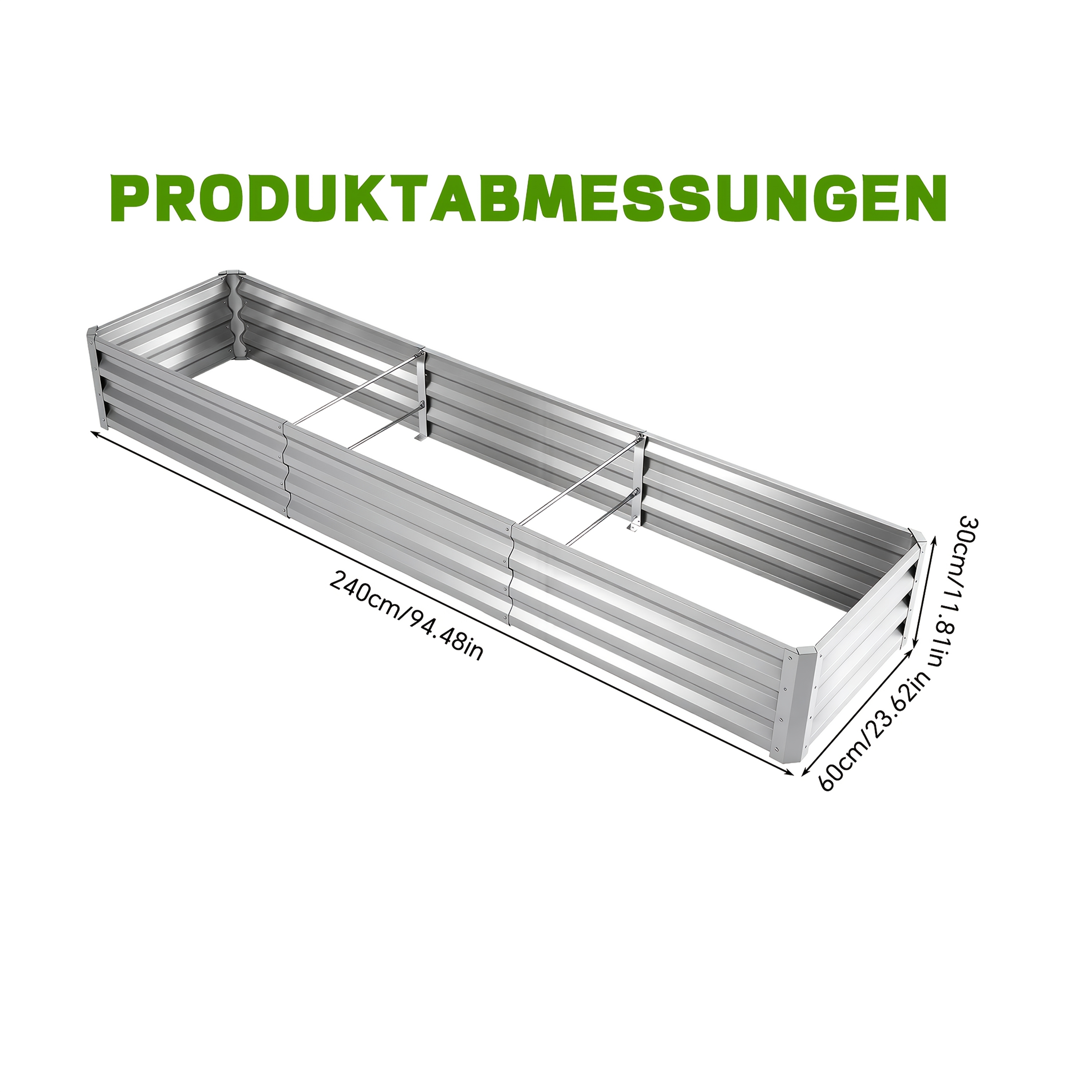 Image of Metal Raised Garden Bed Kit, Metal Planter Box Outdoor With Reinforced Rods, Galvanized Bottomless Large Raised Flower Beds For Garden, 240 X 60 X 30cm