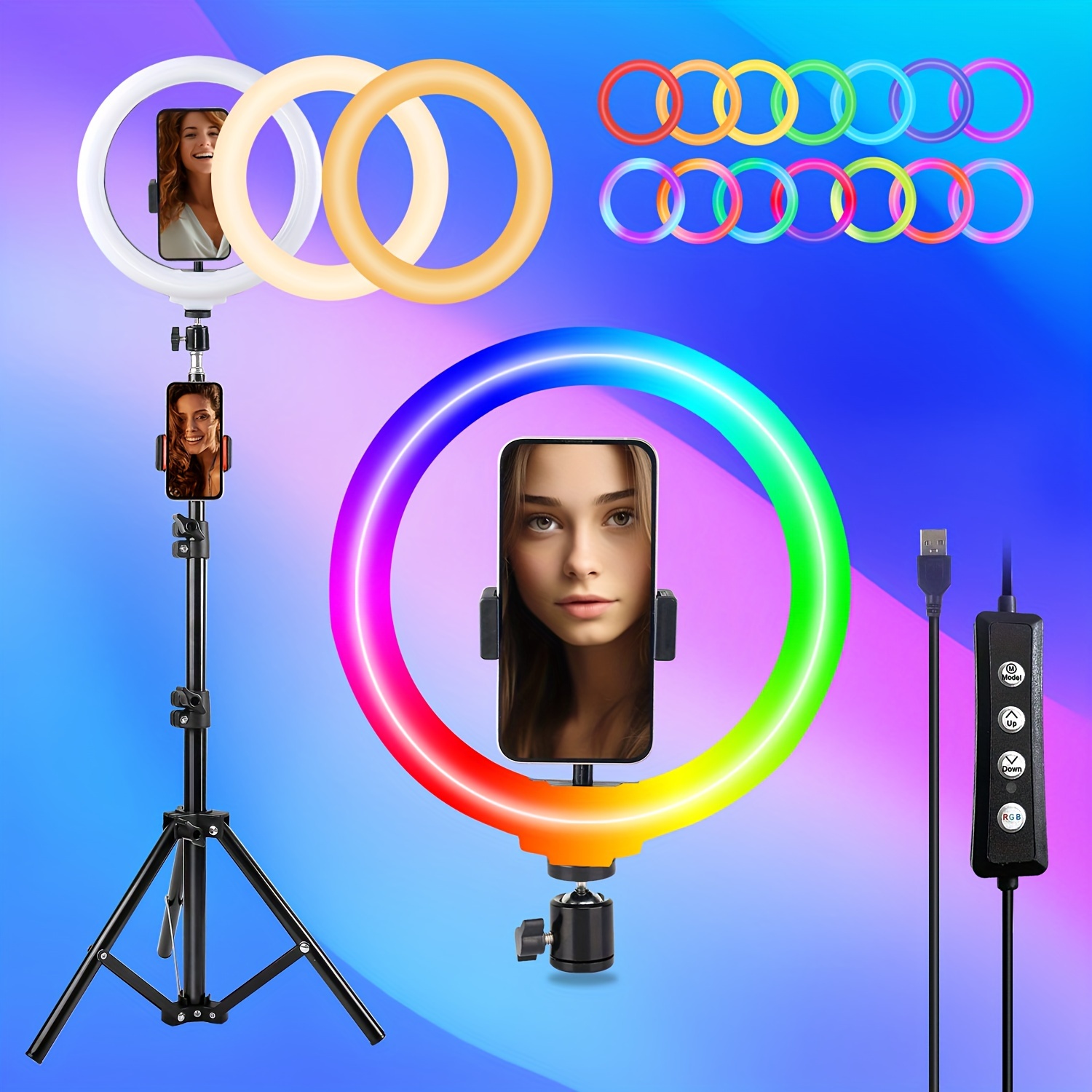 

10" Premium Selfie Ring Light + Adjustable Stand & 2 Phone Holders - 38 Vibrant Color Modes With Stepless Dimming/speed Control - Perfect For Makeup, Photography, And Live Streams