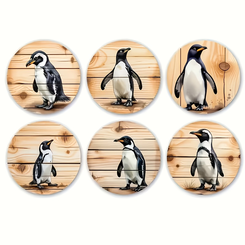 TEMU 6pcs Set, Home Decor Housewarming Gift, Penguin Pattern Wooden Coasters, Coffee Table Protector For , Exquisite Birthday Or Holiday Gift