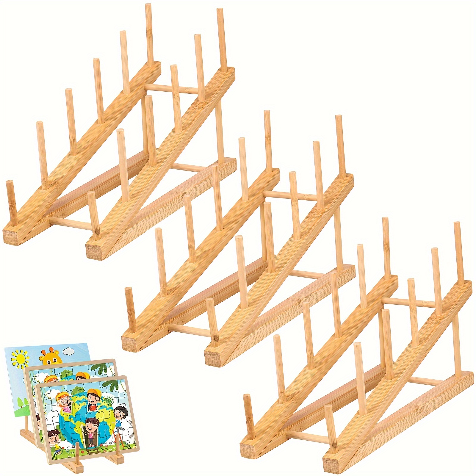 

3pcs Bamboo Puzzle Organizer Rack, Tabletop Holder, Easy Assembly Wooden Display Stand, Rectangle Craft Collection Storage For Adults