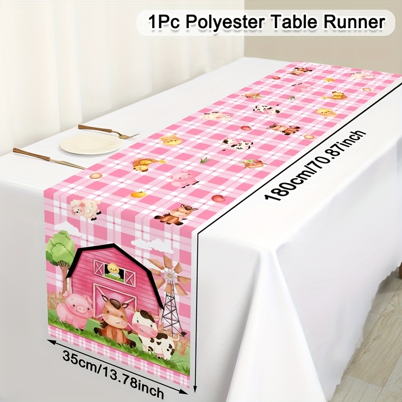 Pink Checkered Farm Animal Table Runner 180cm - Cute Polyester Barnyard Decor For Birthday, Dining | Washable Rustic Party Banner | Farm Animal Table Decor