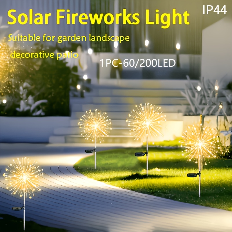 FACHOI 60/200 LED Solar de Exterior con Sensor y Regulable, Fuegos Artificiales Blanco Cálido, Adecuado para Iluminación de Jardín, Patio, Césped, Terraza, Camino, Fácil Instalación, 8 Modos, para Decoración de Villa