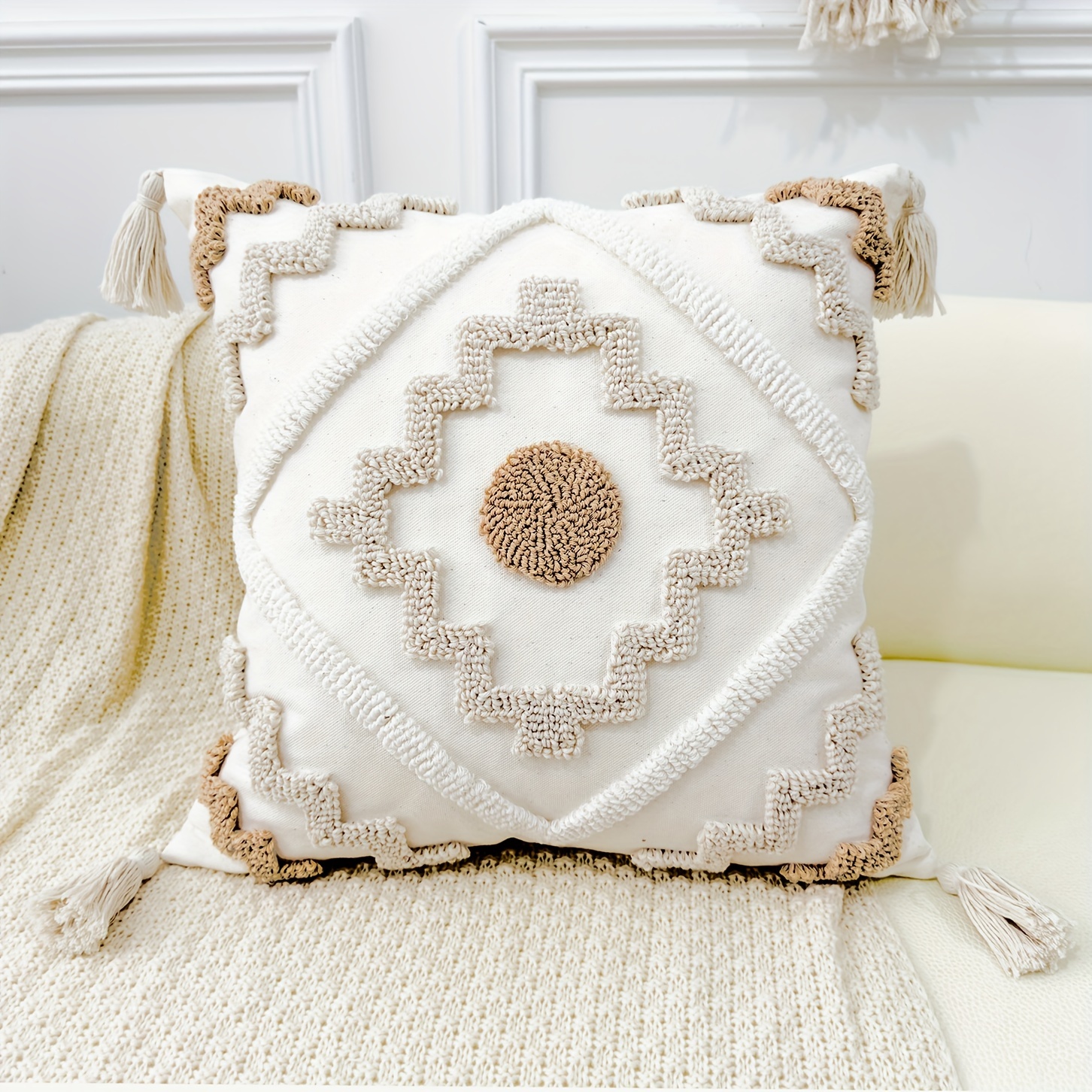 

Boho Chic Geometric Tassel Throw Pillow Cover - Soft Cotton , Zip Closure, Hand Wash Only - Couch, Sofa, Bedroom Decor (pillow Insert Not Included)