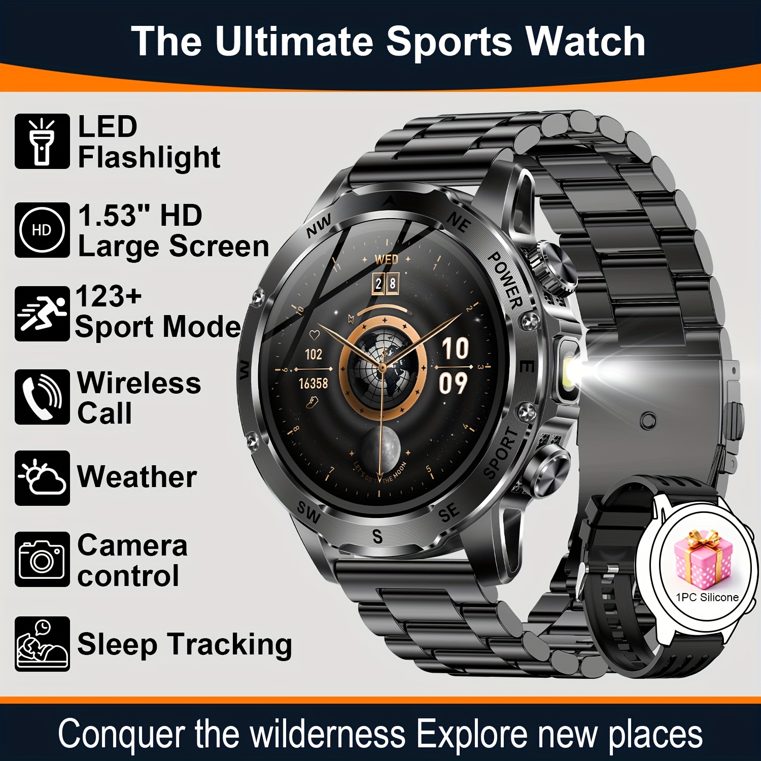 Image of Men's Smartwatch With A 1.53-inch High-definition Screen, Wireless Call, Ipx8 Swimming And Fitness Equipment, Equipped With Sos Night Lighting Led Flashlight And 100+, Making It For