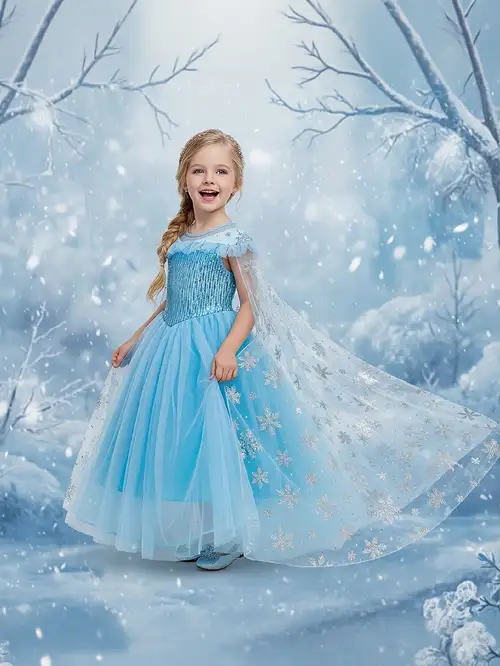women's light blue winter princess dress with snowflakes Elsa Costume Girls Up Dress Snowflake Trailing Pa Sun Baby the color may be slightly different snowflake princess dress sold on