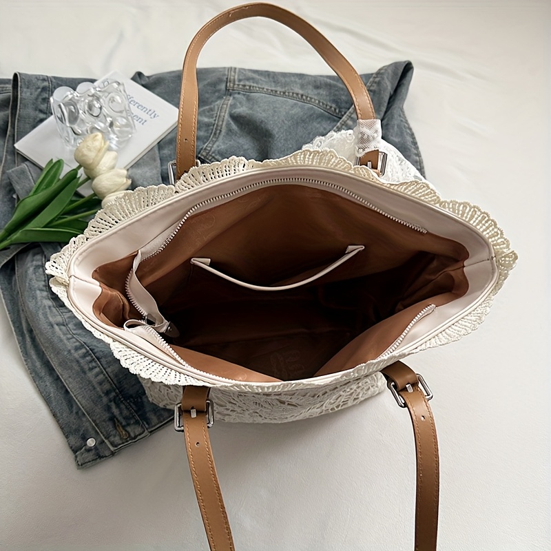 Lace Large Capacity Tote Bag, New Summer Trendy Style with Scarf Gift, Contrast Color Women's Fresh Artistic Handbag