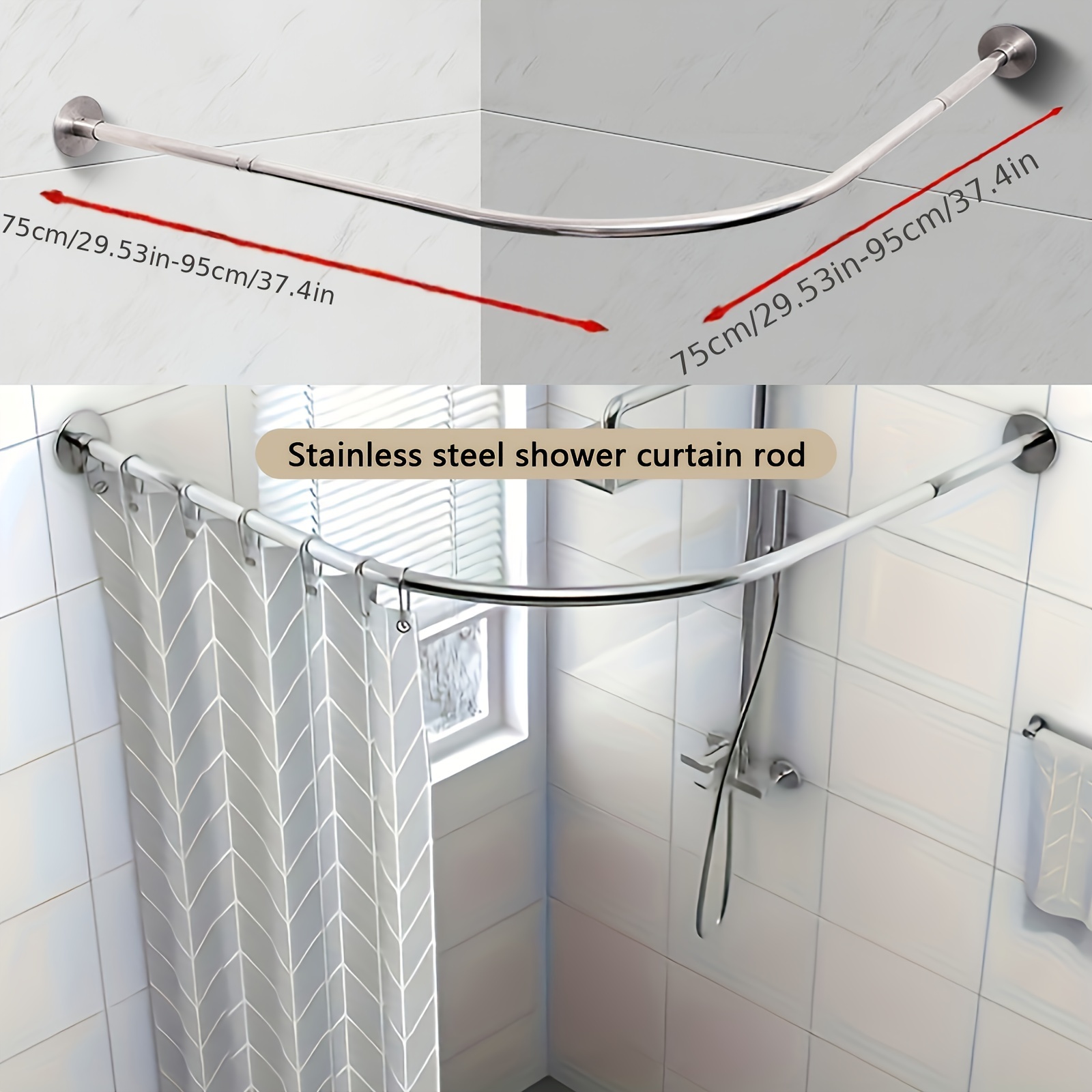 TEMU 1pc Adjustable Stainless Steel Corner Shower Curtain Rod, L-frame No-punch Installation, Suitable For Bathroom, Bathtub, Clothing Store, Durable And Bathroom Accessories