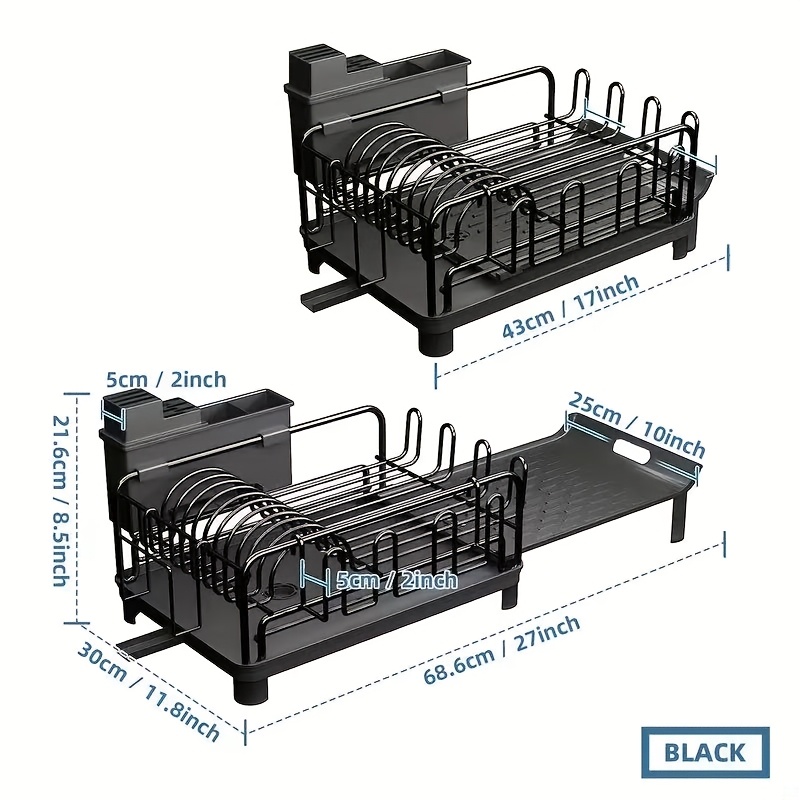 expandable kitchen dish drying rack with set black metal countertop organizer for plates cups utensils adjustable length with utensil holder glassware rack space saving design for small spaces drying rack for kitchen counter standing shelf standing shelf details 3