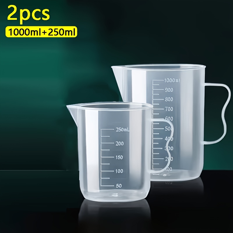 TEMU 2pcs Set Transparent Plastic Graduated Measuring Beakers, Reusable And Durable Measuring Cups, Multiple Specifications 250/1000ml, Resin Making,