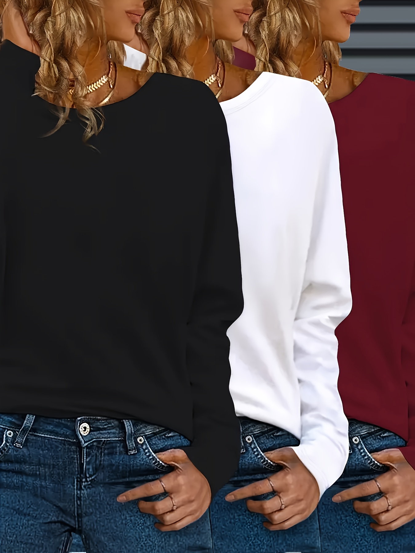 3 pack womens casual crew neck t shirts polyester knit long sleeve   with   stretch solid color regular fit for fall winter Product details 0