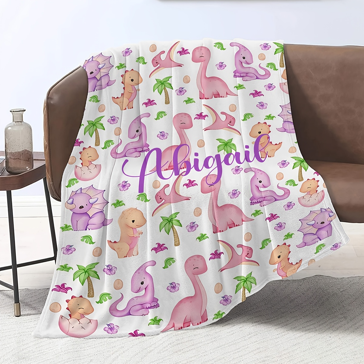 TEMU 1pc Creative Cartoon Dinosaur Print Customizable Name Blanket, Christmas Gift For Daughter, Granddaughter, Lightweight Flannel For Sofa, Travel,