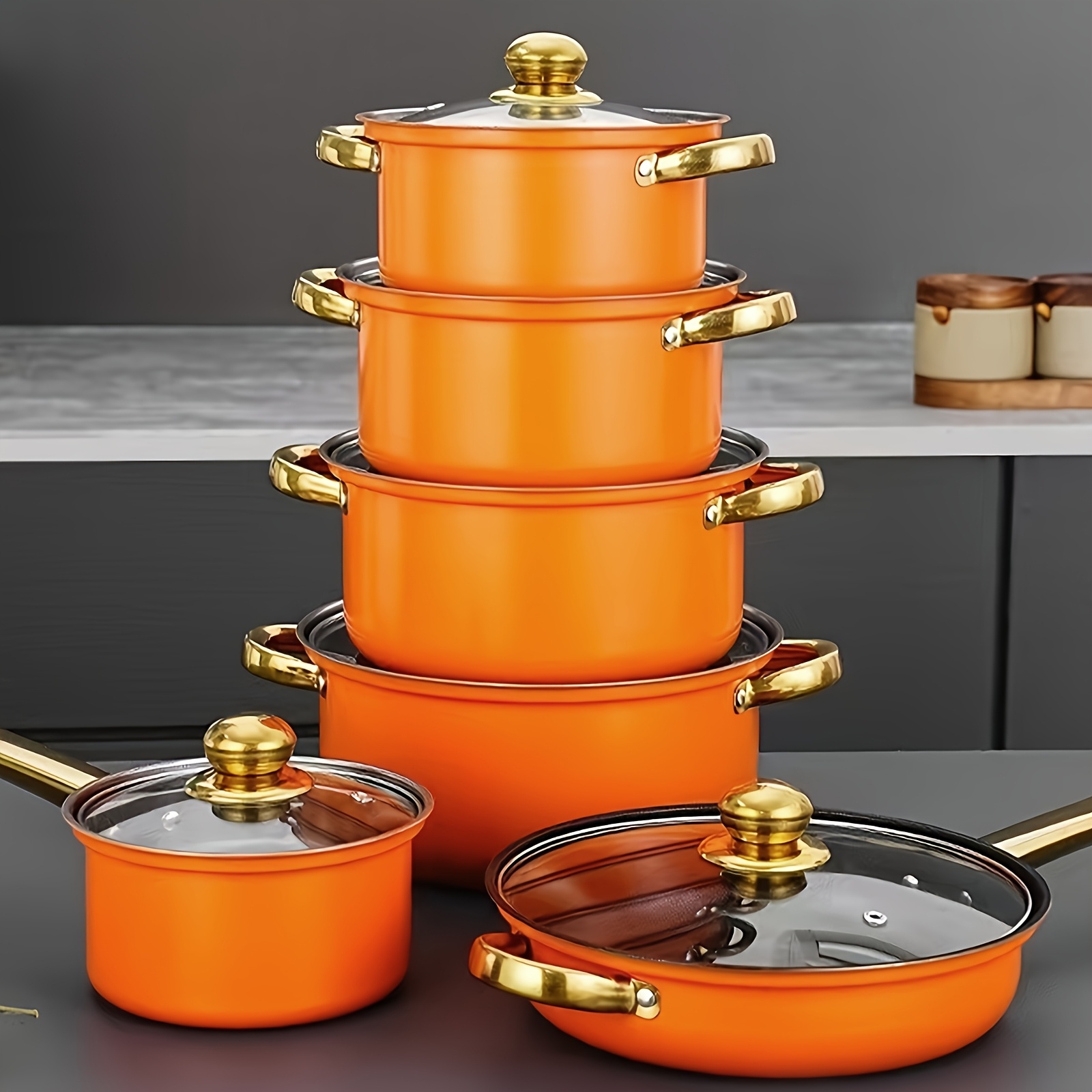 home use stainless steel 12pcs orange non stick cookware set soup pot frying pan milk pot and   kitchen utensils with   glass lids suitable for cooking   cuisines Product details 1