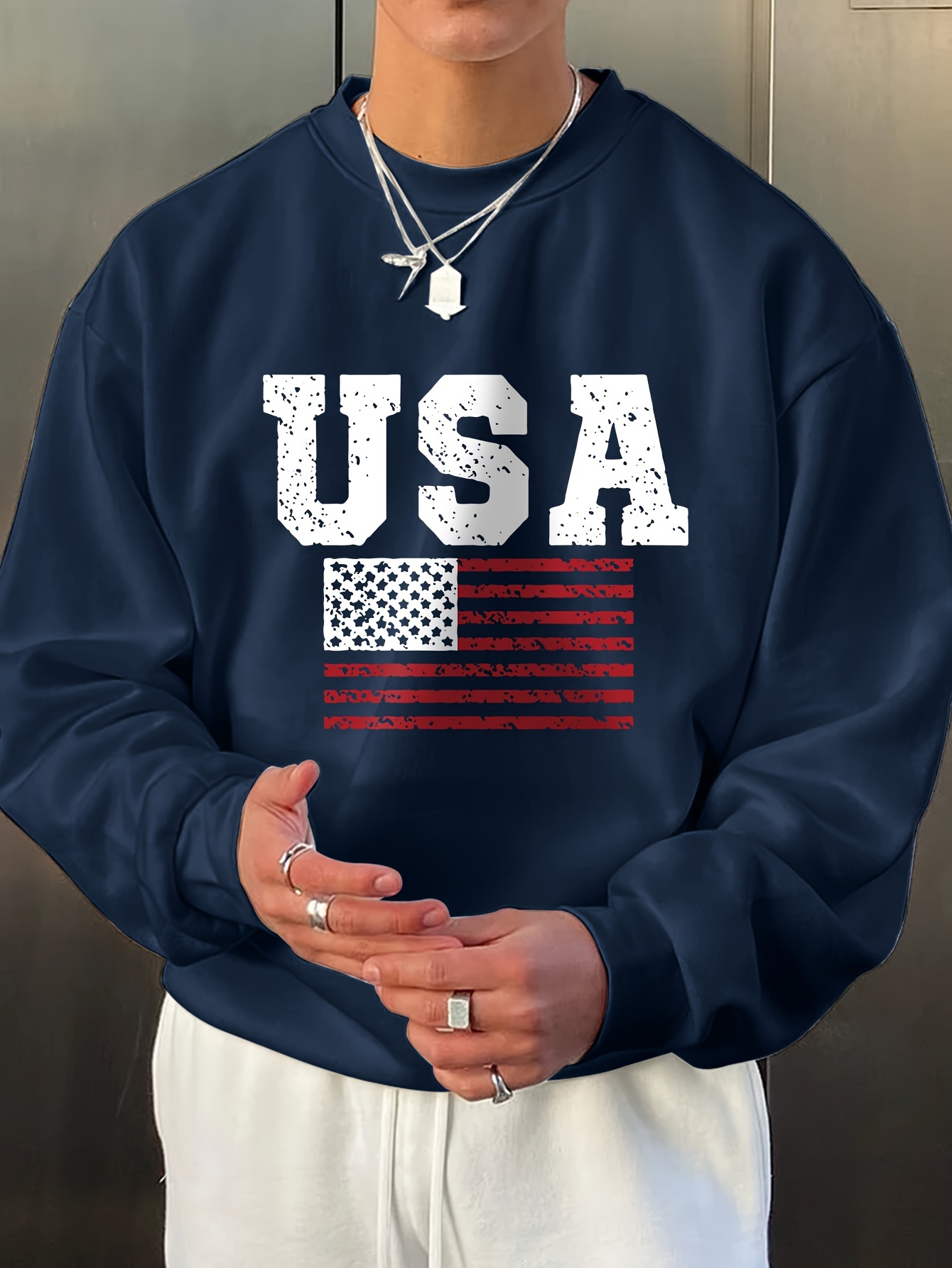 men's navy blue usa flag graphic sweatshirt casual long Temu
