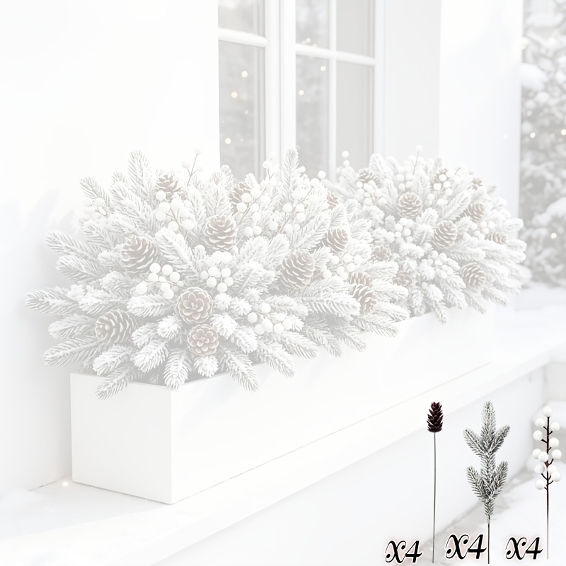 TEMU 12pcs Artificial Flower Bouquet Cedar Branches, Pinecones, And White Berries, Delicate Snow-covered A Realistic Winter Atmosphere, Layered And