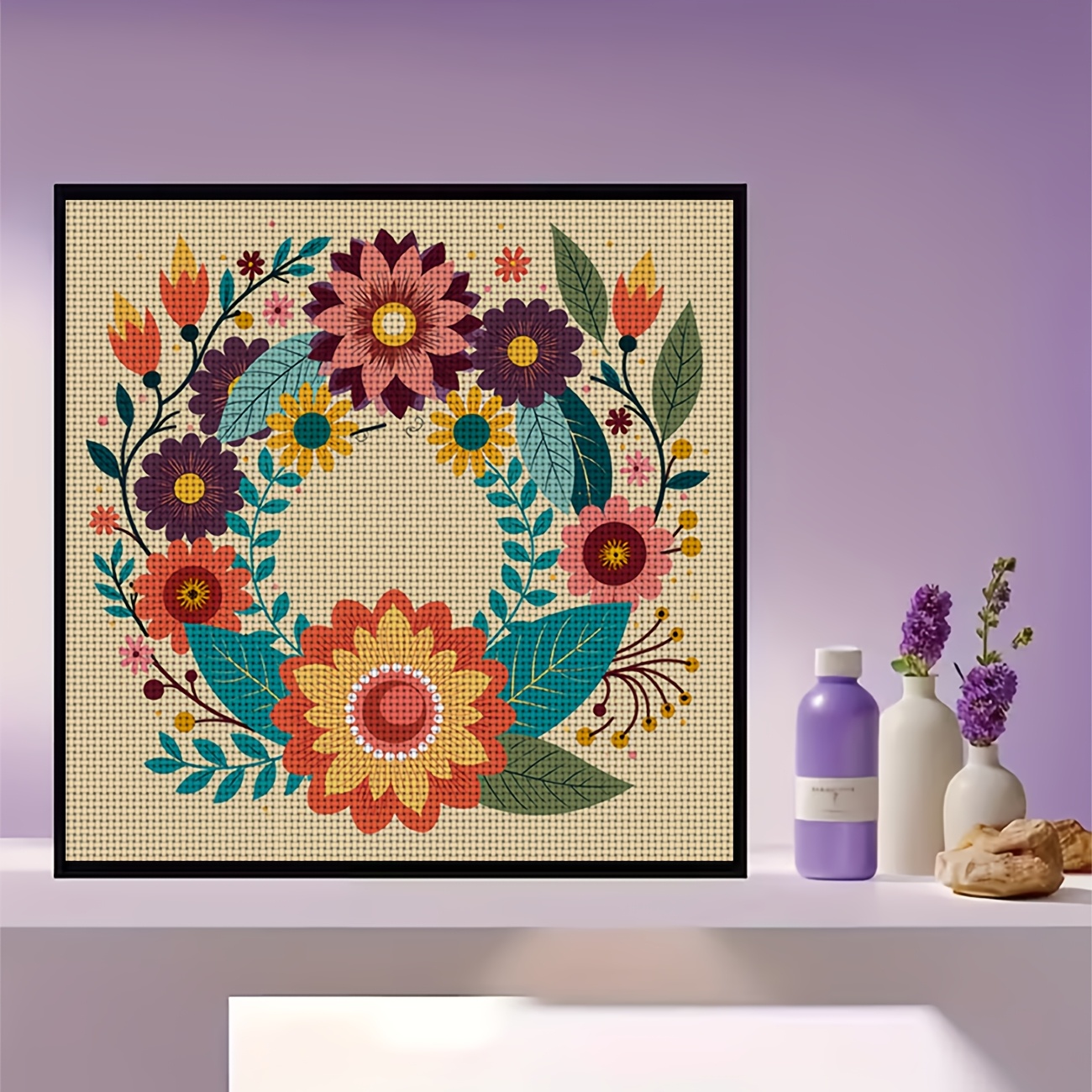 DIY Cross-stitch Printed Kit, Unframed Colorful Flower Wreath Pattern