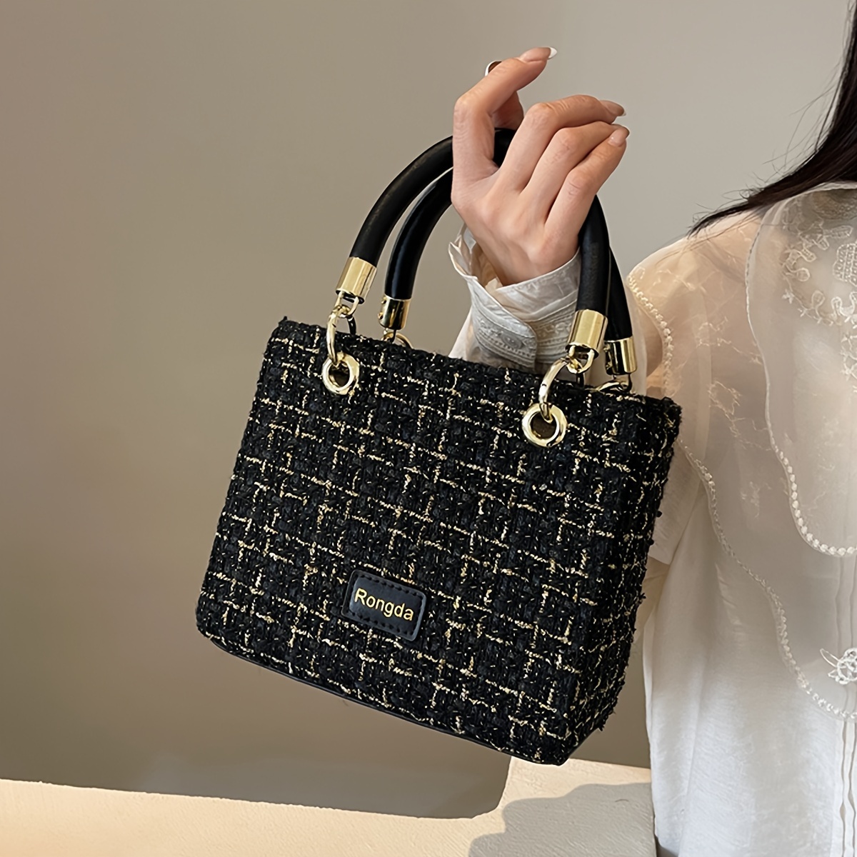 

Women's Elegant Tweed Fabric Handbag, Chic Fashionable Crossbody Bag, Versatile Top Handle Shoulder Bag For Daily, Parties, And Outings