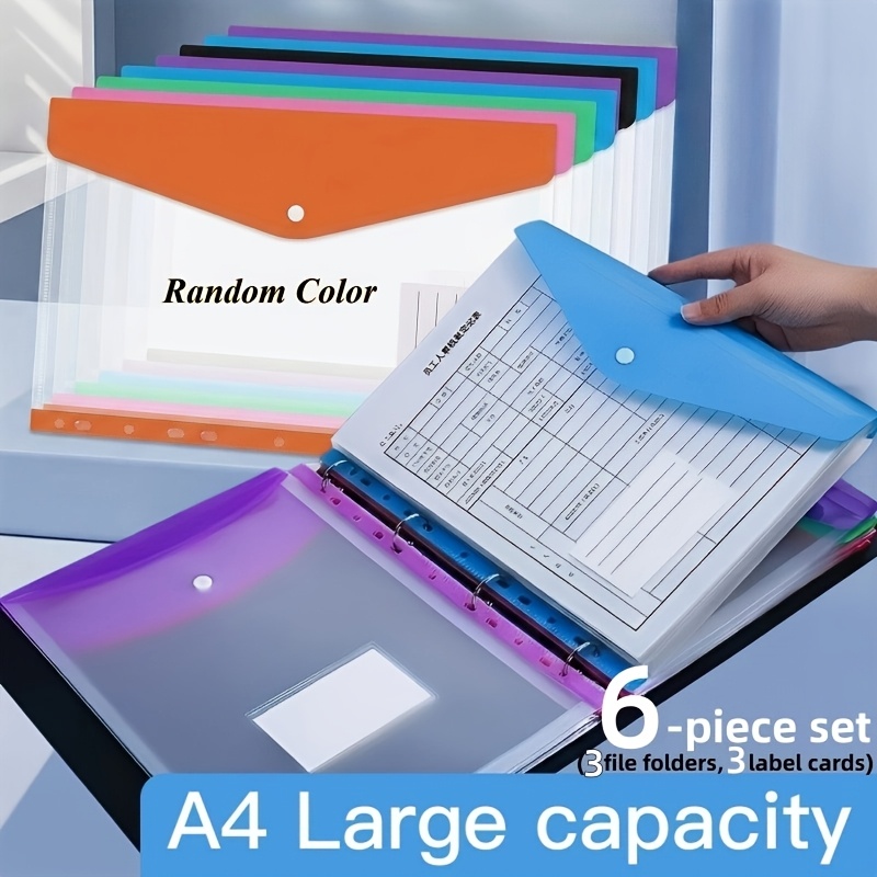 TEMU 6 pezzi A4 Porta Documenti con Bottoni (3 pezzi e 3 pezzi Etichette) Raccoglitore a 11 in PVC Ispessito con Fibbia Casuale - Raccoglitore A4