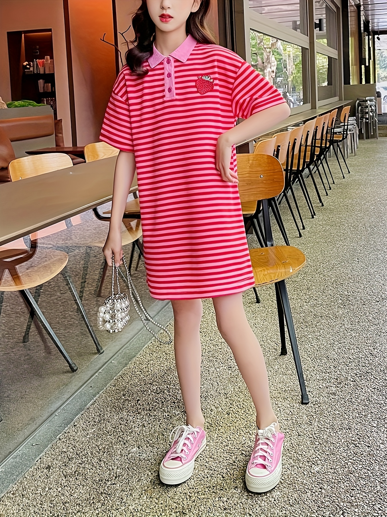 girls summer striped dress korean style collar t shirt dress - Temu Oman