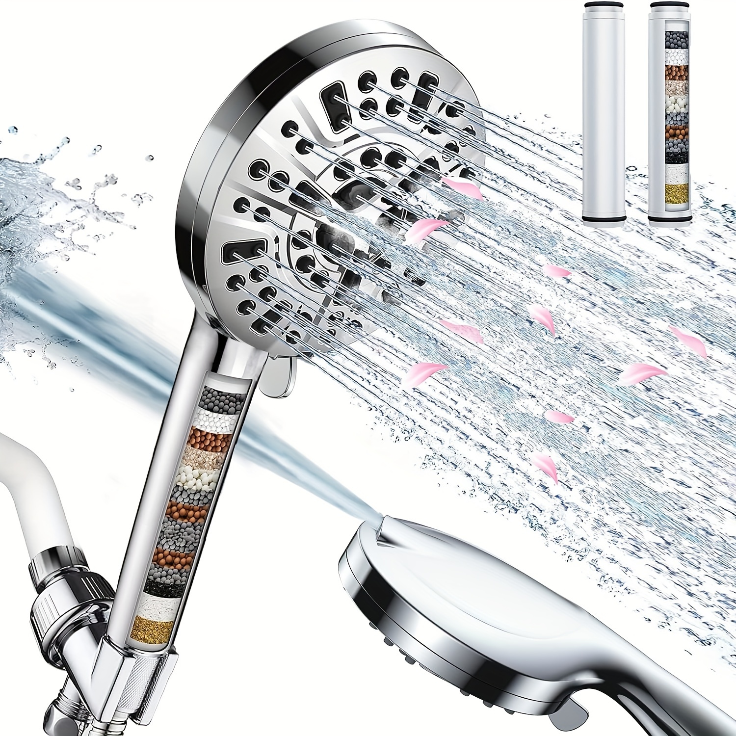 

Shower Heads With Handheld 10 Spray Combo, High Pressure Shower Head With 2 Replaceable Filters, Detachable Filtered Shower Head For Hard Water With Stainless Steel Hose, Water Softener Showerhead