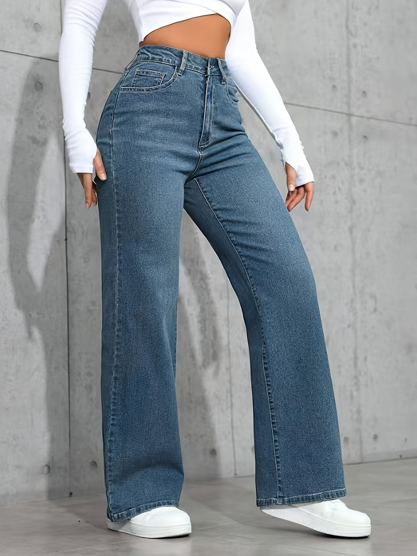 Fashion versatile blue high-waisted stretchy loose straight-leg Women s denim trousers