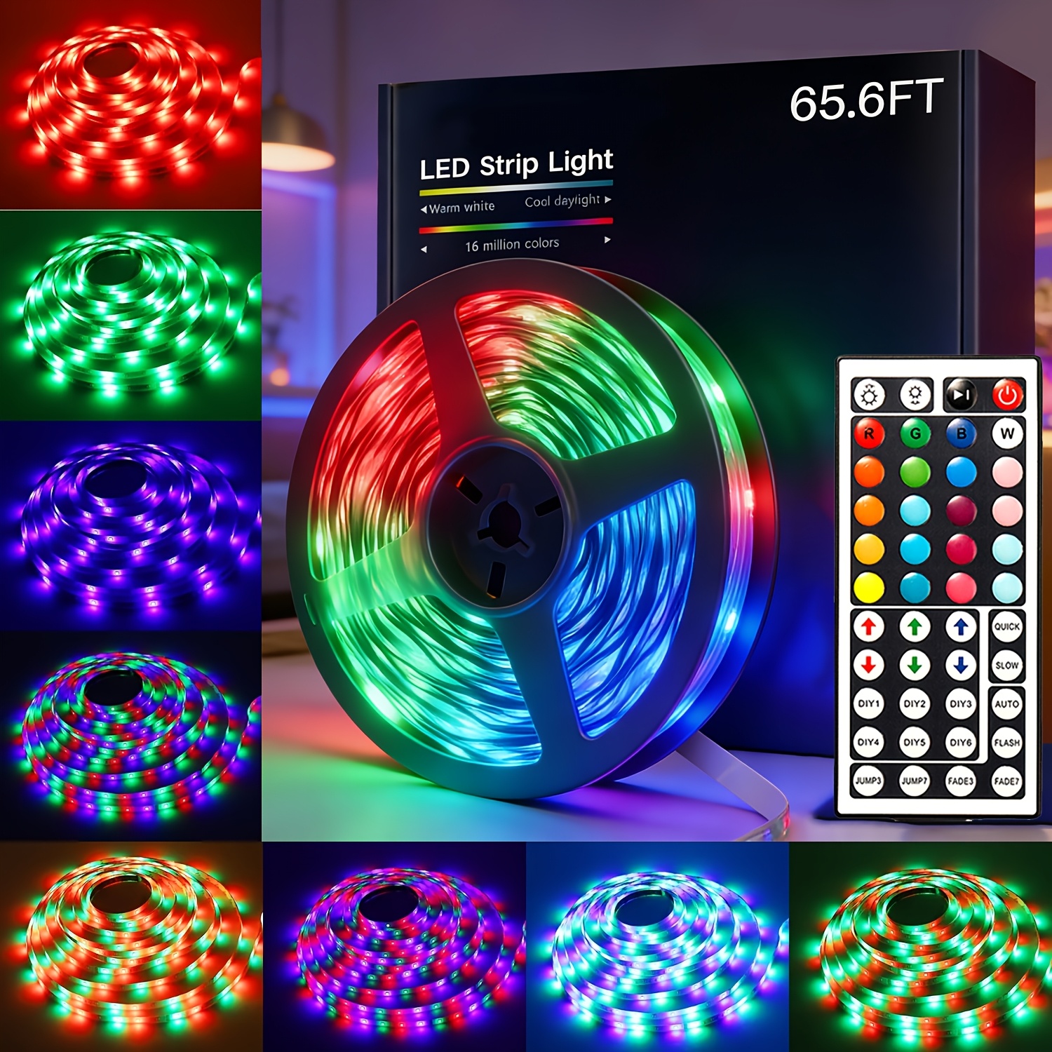 16.4Ft/32.8Ft/49.8  Strip Lights for Room Decor, Remote Control Color Changing Strip Lighting Can Adjust Color And Brightness, 6  , LED Lights for Bedroom Decor, Home Decor, TV Backlight, Living Room, Game Room Decor