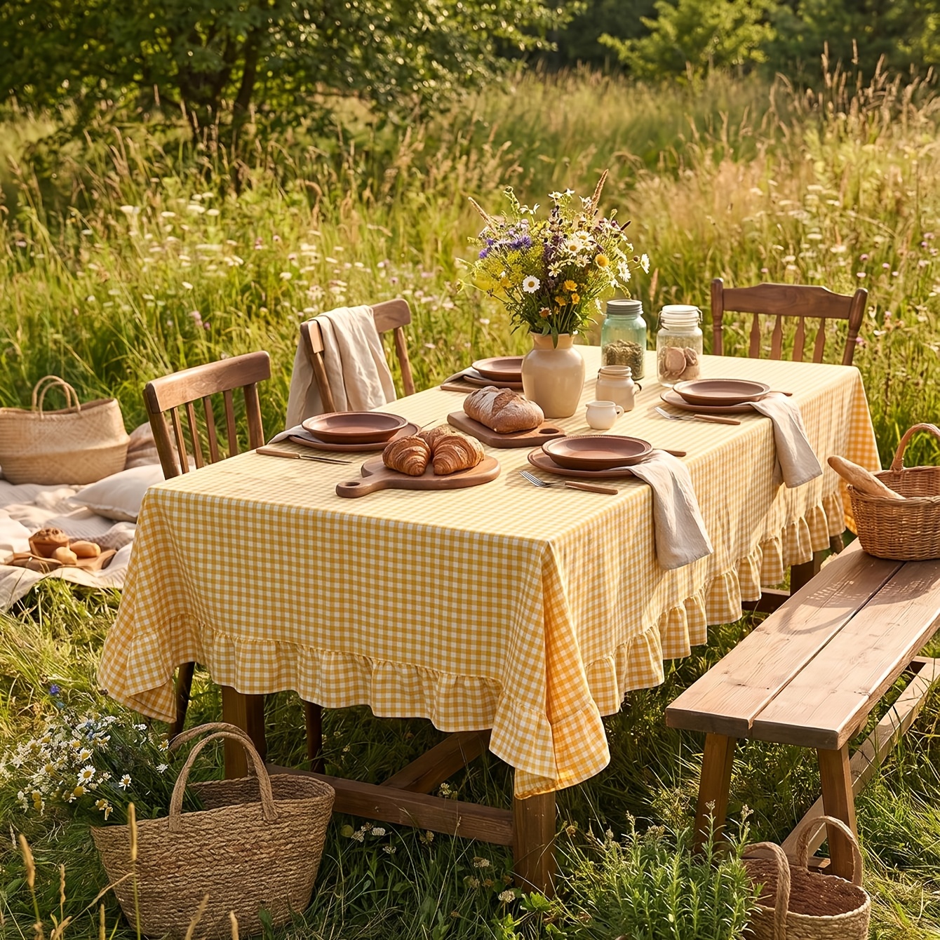 TEMU 1pc Yellow And White Checkered Tablecloth, Retro Tablecloth, Available For All Scenes - Summer Tablecloth, Party Table Decoration; Birthday