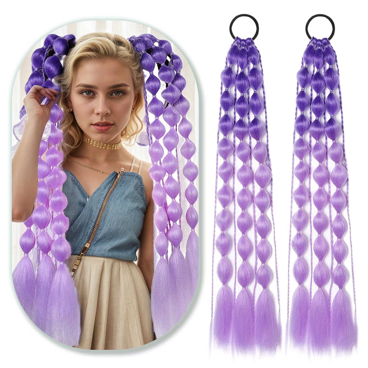 2pcs Y2k Fashion Gradient Color Bubble Braid Ponytail Headband - Vibrant Purple To Pink , Fluffy Texture, Elastic Hair Accessory For Women, Perfect For Multiple Styles & Occasions