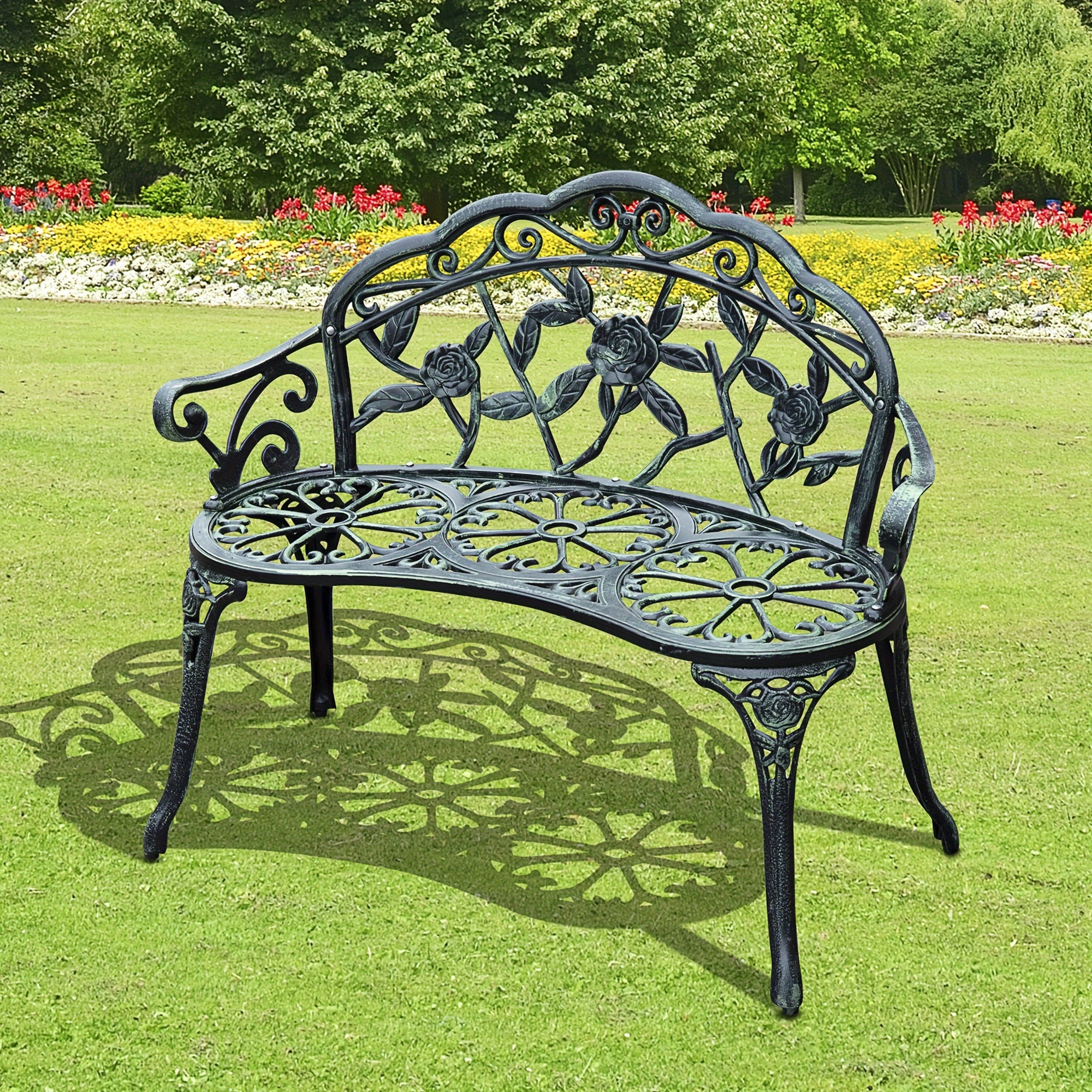 

Outsunny Outdoor Bench, Cast Aluminum Outdoor Furniture, Metal Bench With Floral Rose Accent & Antique Finish, Green