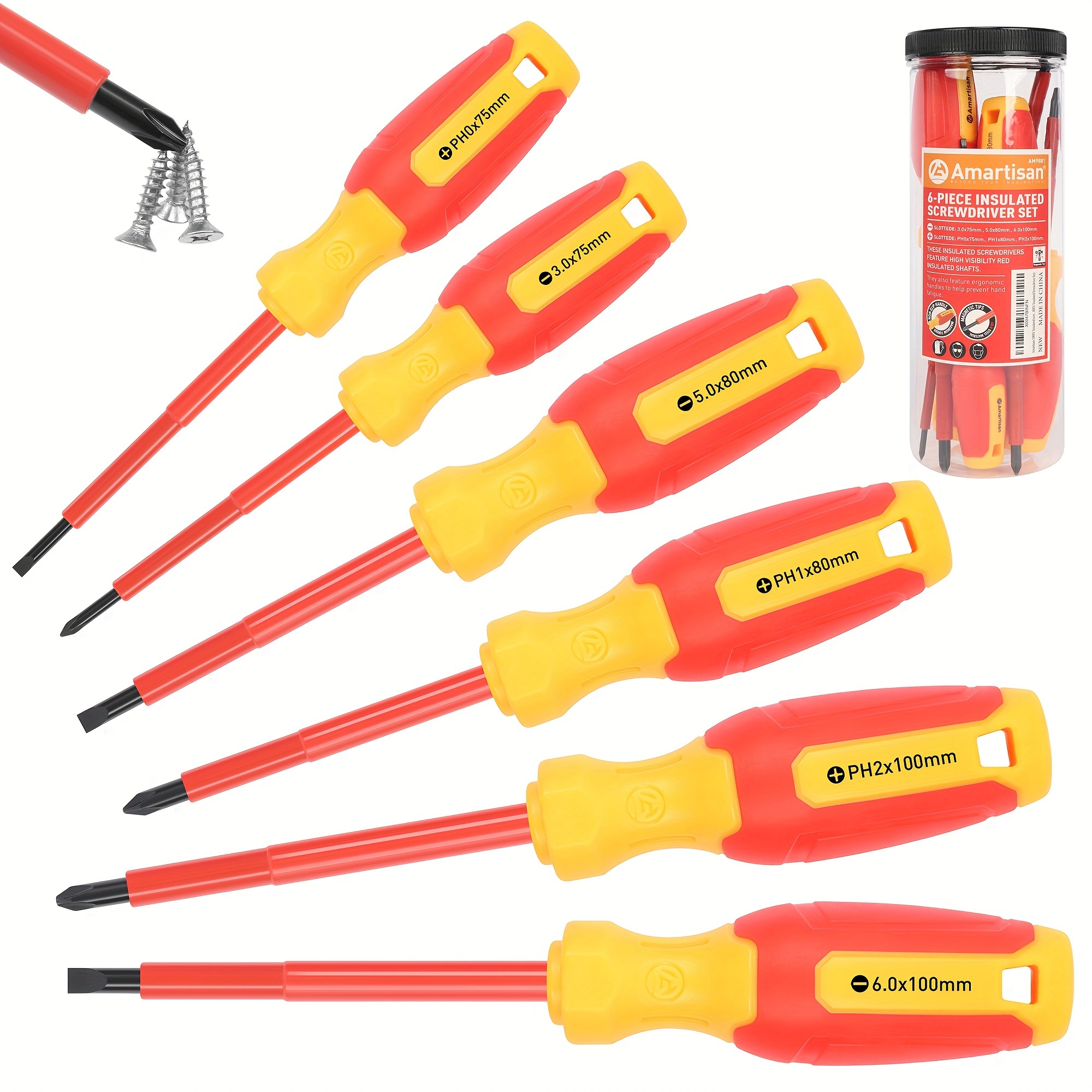 

professional Grade" Amartisan 6-piece Insulated Screwdriver Set With Magnetic Tips - Durable Cr-v Steel, Ergonomic Tpr Handle, Includes Phillips & Flathead For Electricians