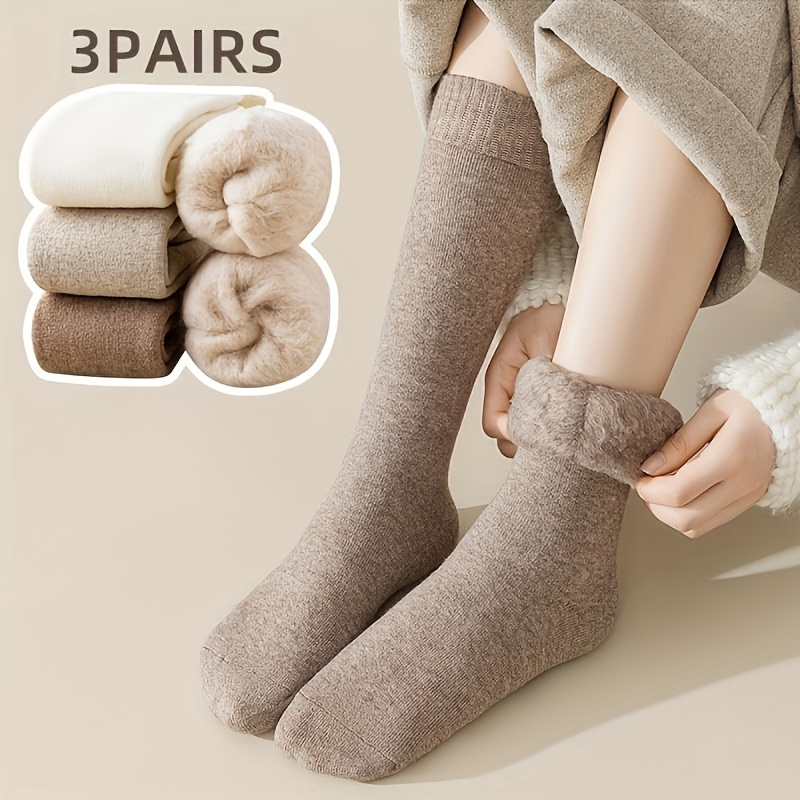 

Pairs Of Women's Winter Thickened Warm Socks, Solid Color Mid-calf Socks, Suitable For Cold Weather And Outdoor Activities - A Perfect Gift Option.