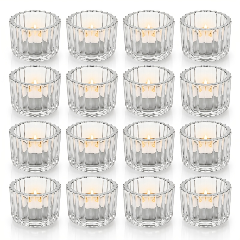 TEMU Lot de 16 gobelets à bougie en verre épaissi, gravés de rayures verticales. Convient pour la fabrication de bougies, et les décorations de table