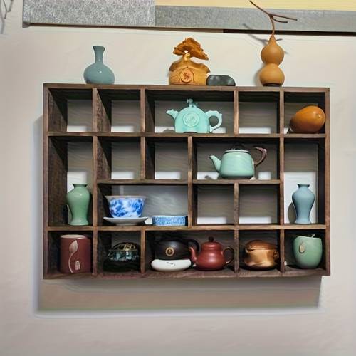 1pc vintage chinese style wall mounted wooden floating cube shelf ideal for displaying tea sets small statues and succulents home decor home decor shelf vintage wall shelf wooden floating shelf wall shelf decor utility racks
