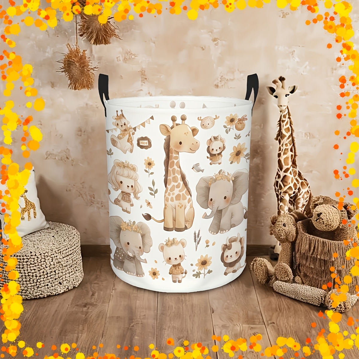 TEMU 1 Cute Jungle Animal Laundry Basket Featuring Giraffe, Elephant, And Bear Patterns—soft Watercolor-colored Portable Storage Basket, Round