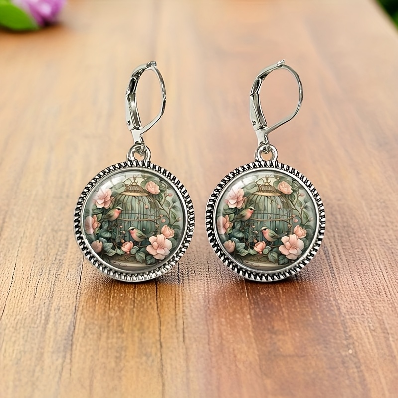 TEMU Une paire de boucles d'oreilles rondes en verre vintage avec motif floral et cage à oiseaux, pile
