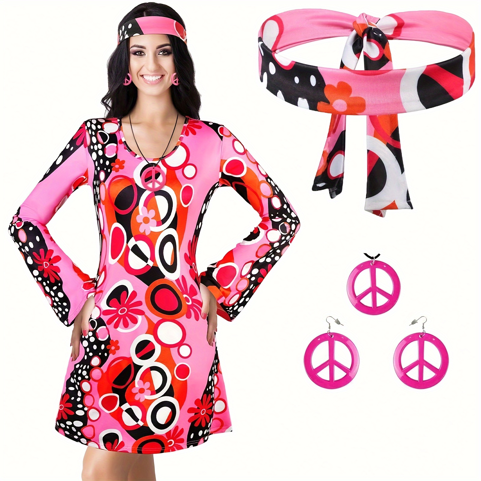 Hippie Halloween Cosplay Dress Long Sleeve Random Print - Temu
