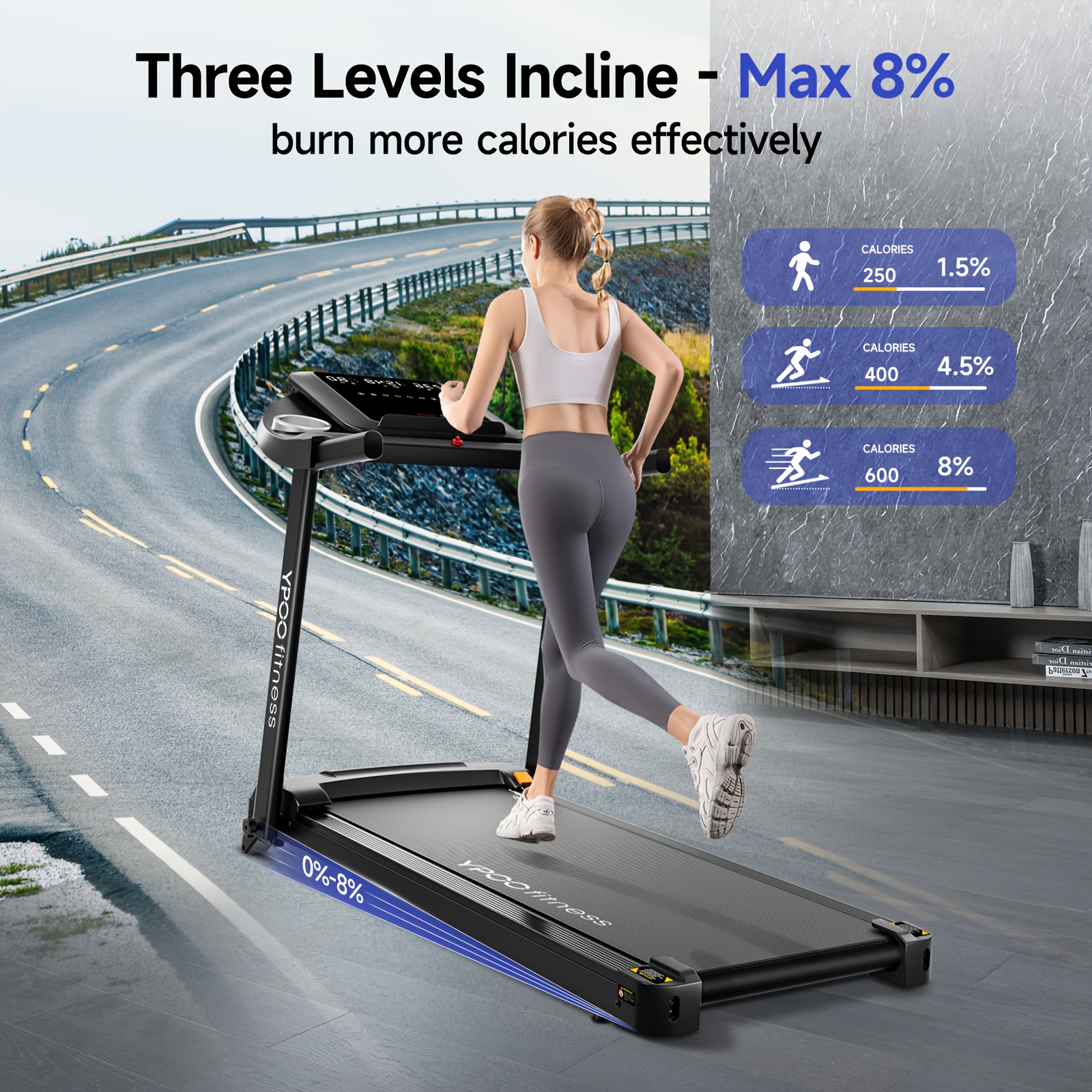 YPOO 8-Minute Treadmill with 8% Incline & Foldable Design - 0-8% Adjustable Height, Low Noise Home Fitness Equipment, 136.08 KG Weight Capacity, Black - Perfect Christmas Gift for Family Members, Treadmills for Exercise, Sleek Exercise Equipment, Sturdy Construction