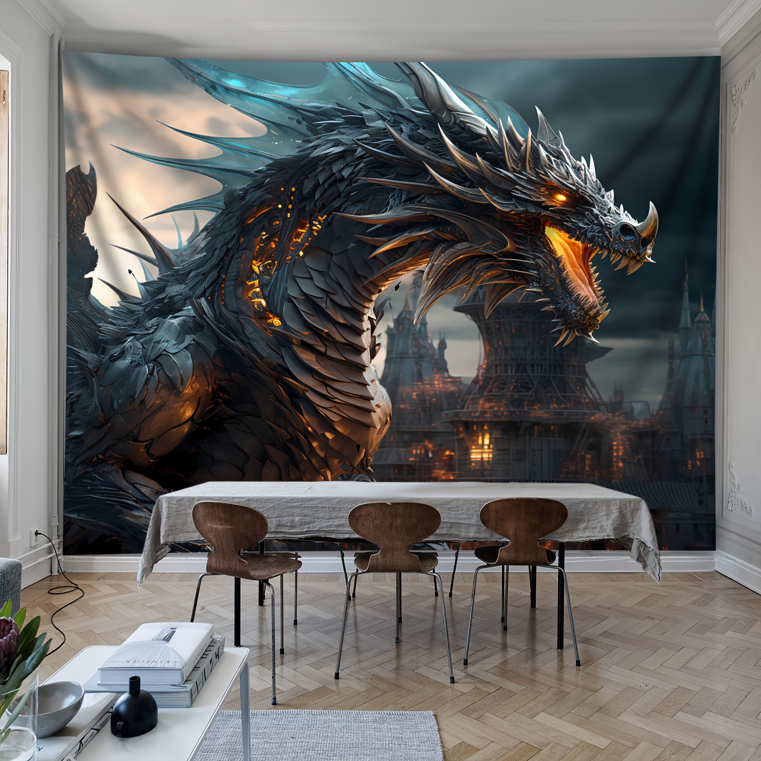 

Gothic Dark Fantasy Dragon Tapestry, Large Wall Hanging Decor For Living Room Dorm, Animal Print With Fire Dragon Theme, Indoor Woven Polyester Fabric, Easy Hang No-power-needed Home Accent