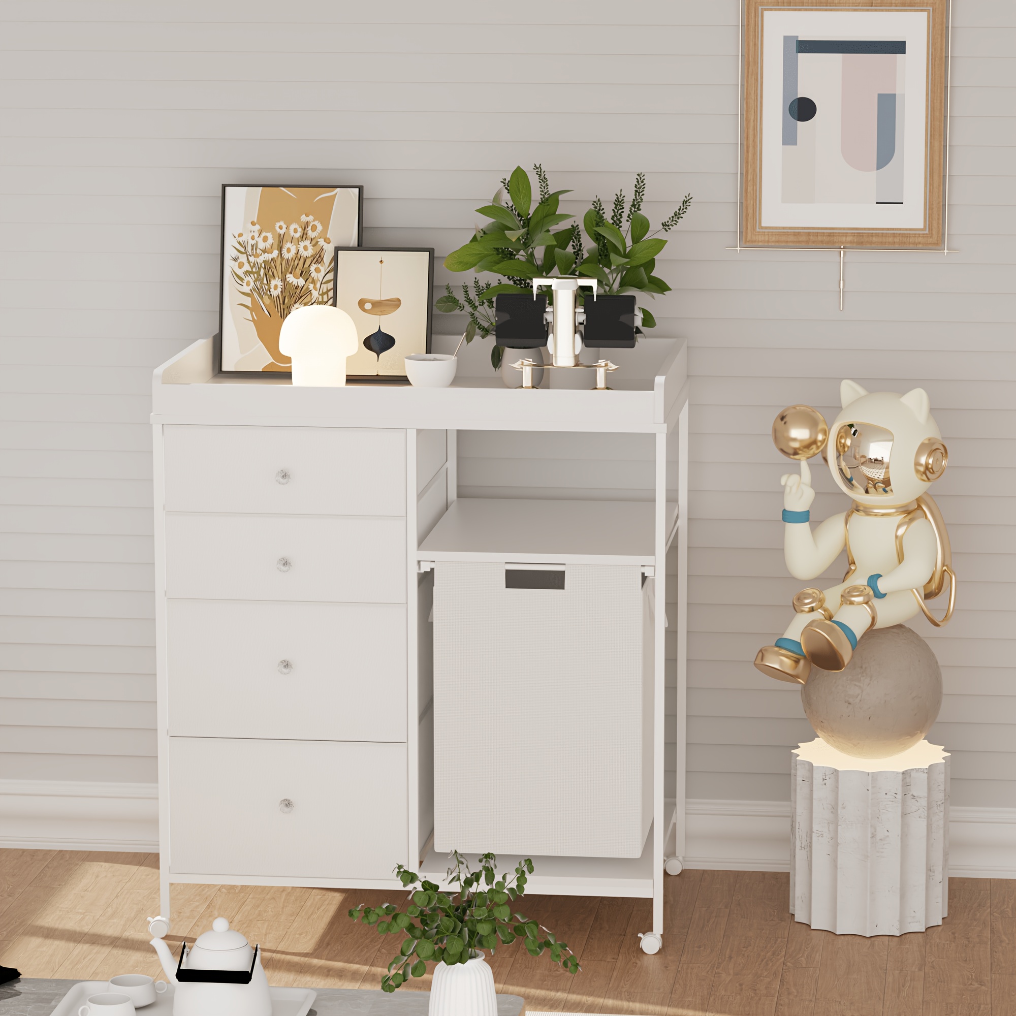 Baby Changing Dresser, 4-Drawer Baby Dresser with Changing Table Top, Diaper Changing Station & Pad, 2 Open Storage Shelves, Mobile Nursery Organizer, White