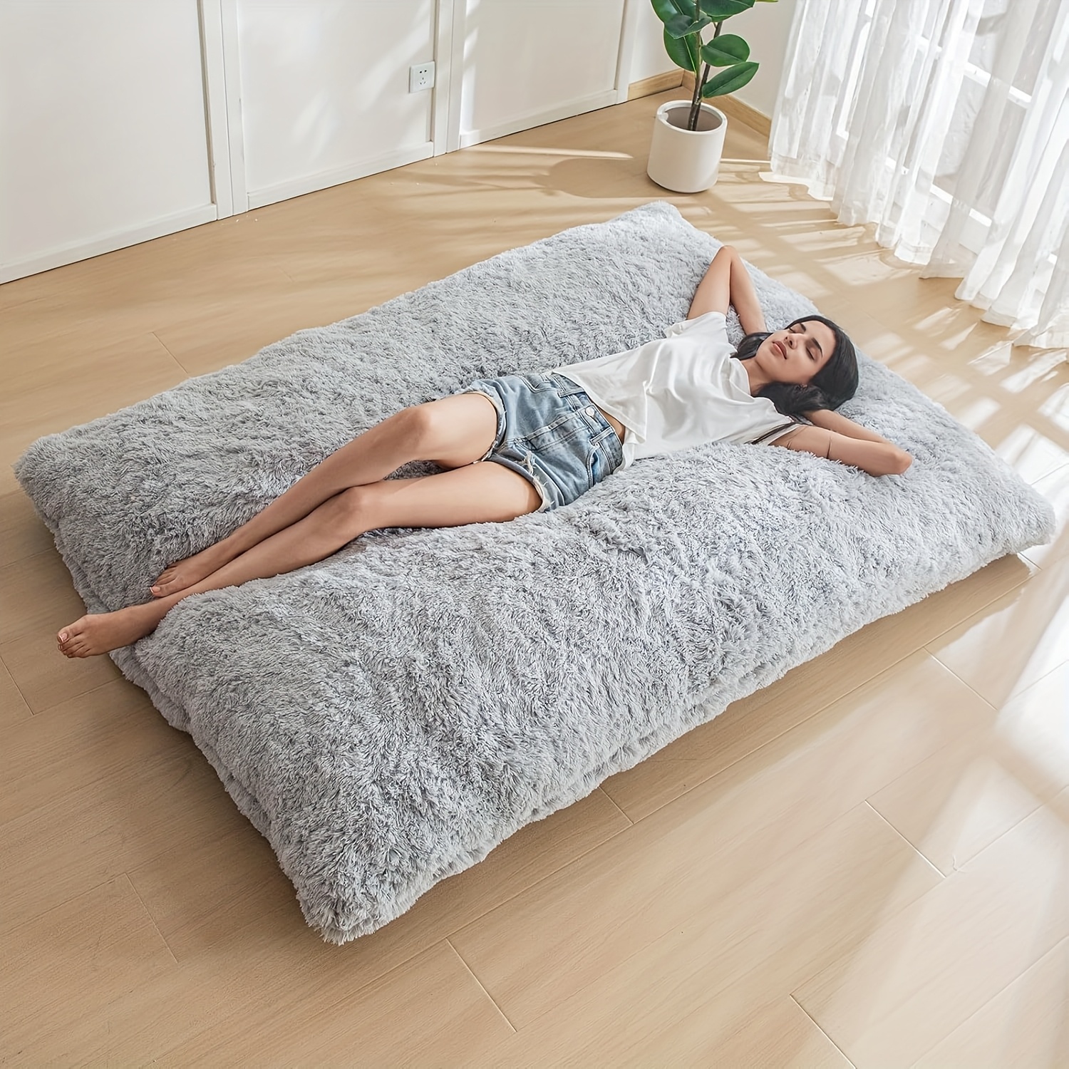Large Grey Bean Bag Chair Bed - No-Fill Floor Sofa Bed for Adults &, Soft Bean Bag with Durable Cover, Multi-Use Bedroll for Floor Sleeping, Guest Bed, Room, Dorm - Machine Washable (No Assembly Required)