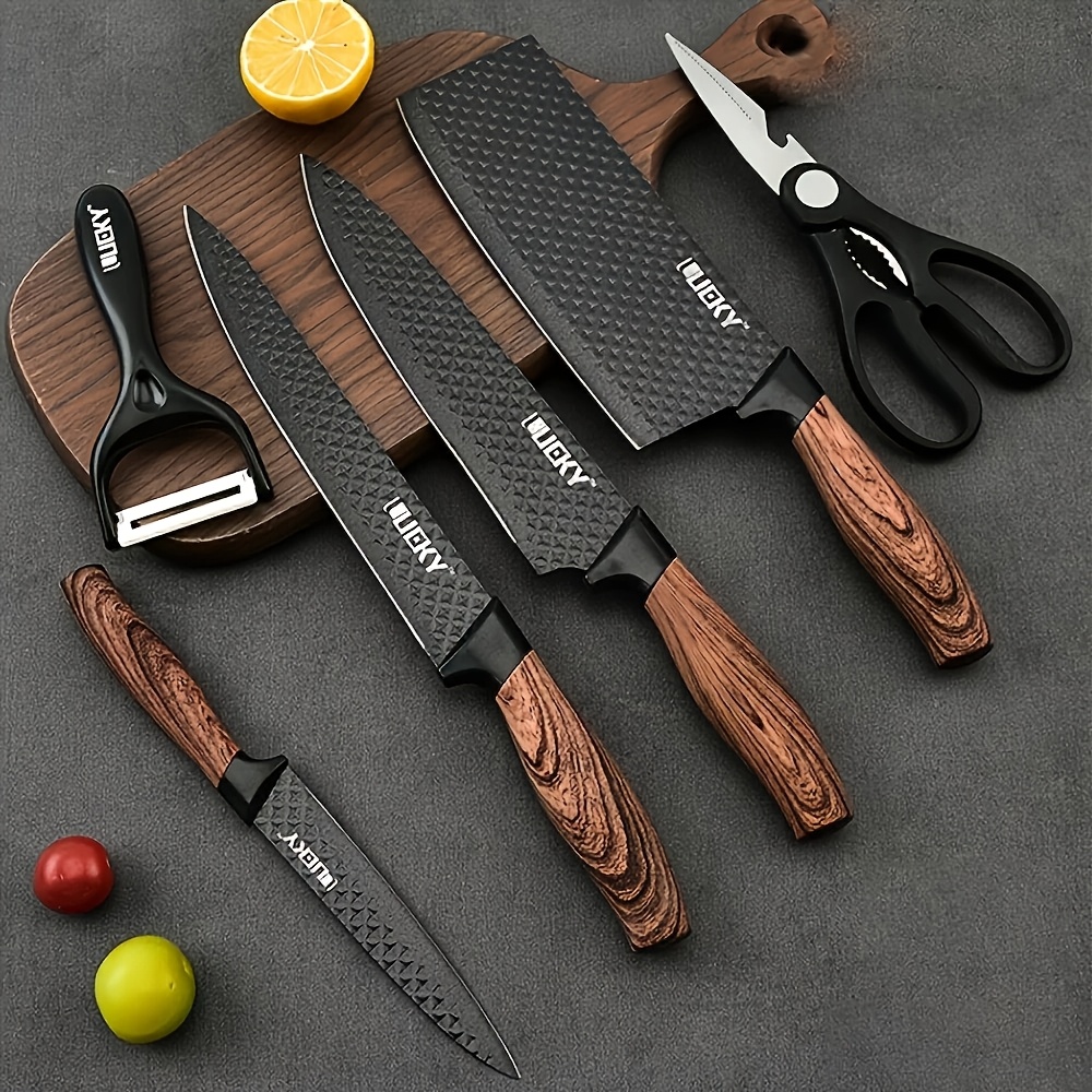 TEMU Professional 6 Kitchen Knife Set, Chef's Knife, Slicing Knife, Paring Knife, And Scissors, High Carbon Stainless Steel , With Ergonomic Wooden Handles, Knife, Suitable For , Gift Box Set.