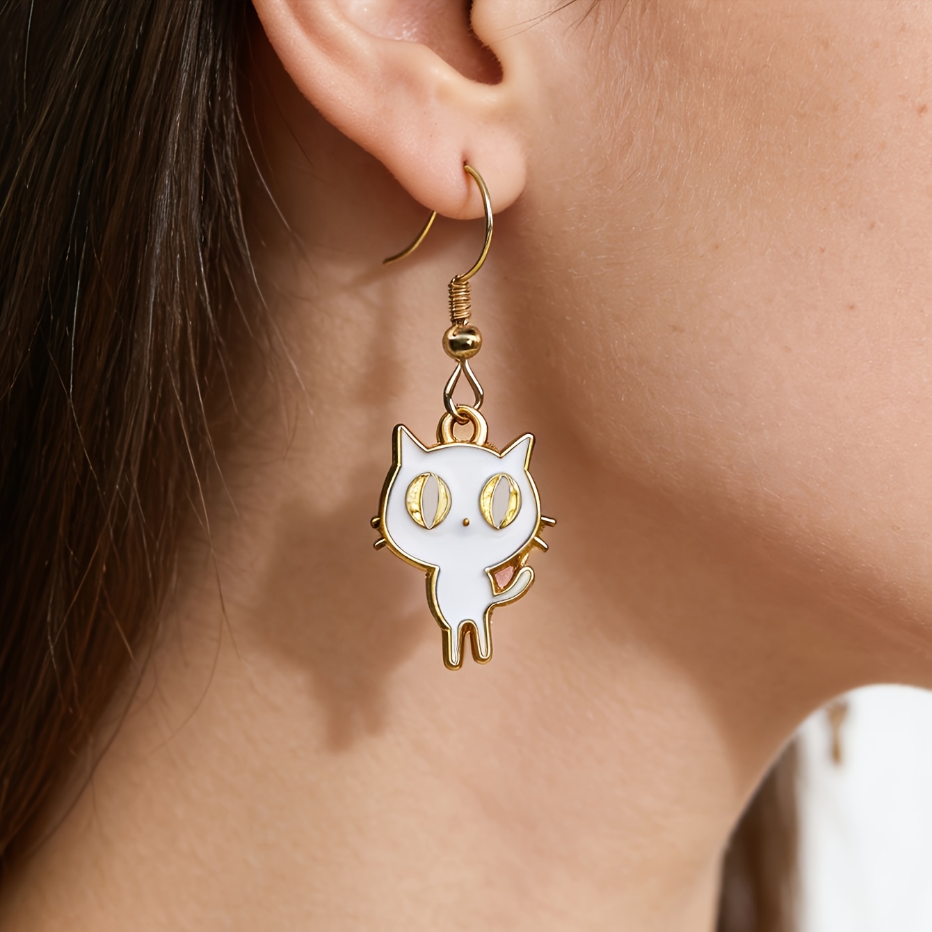 Kitten with Golden Ear Hooks Earrings — Suitable for Daily Wear