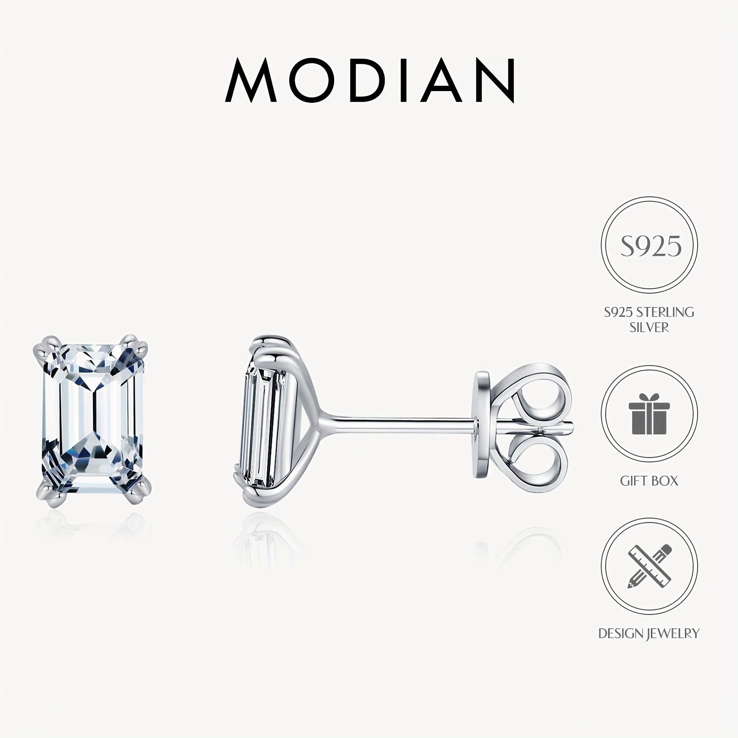 

Modian Elegant Classic Stud Earrings - 925 Sterling Silver Rhodium Plated, Emerald Cut Zirconia For Party, Vacation, Mardi Gras, Use Without Power, Sterling Silver Ear Needle - 1 Pair