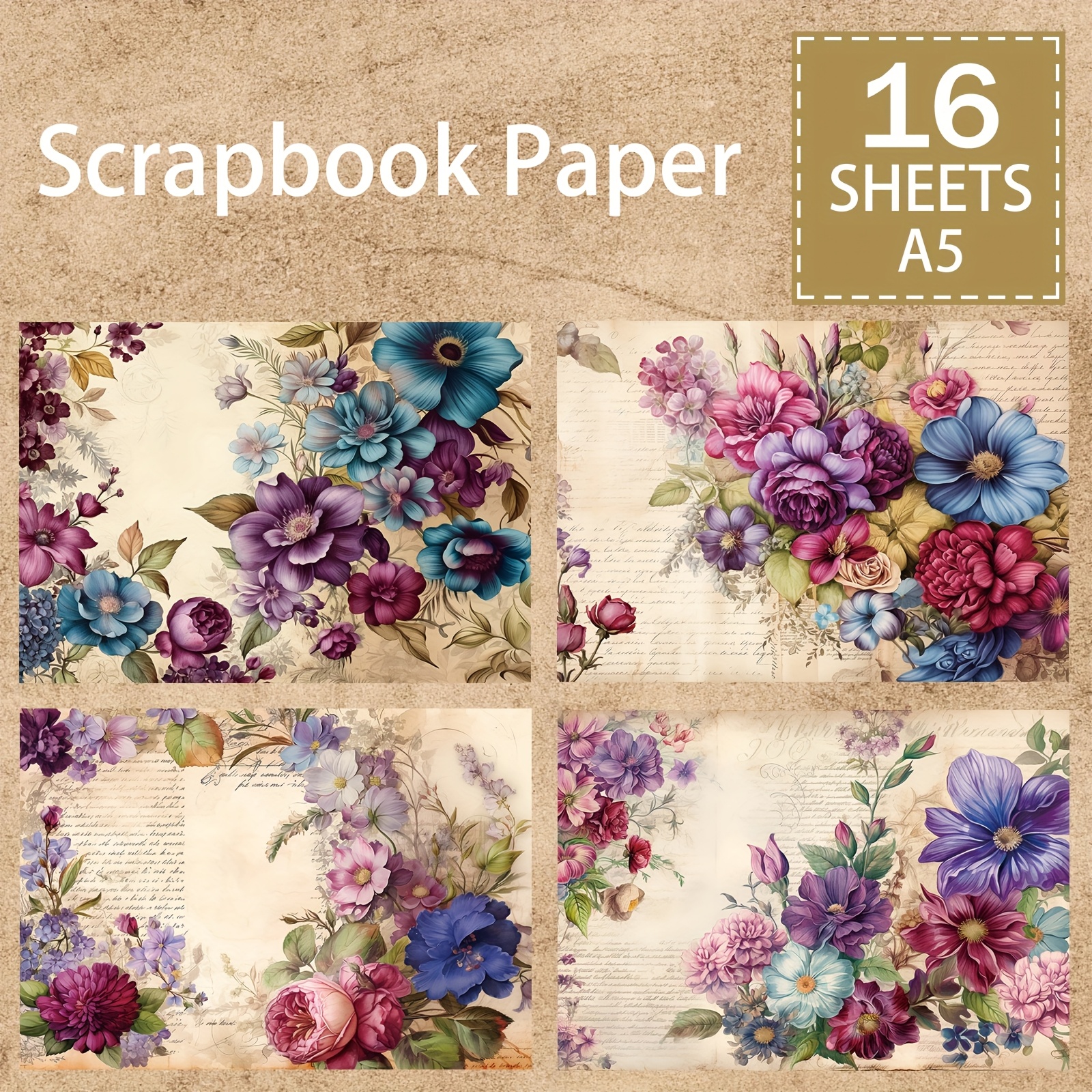 

16 Sheets A5 Vintage Floral Paper, Retro Music & Botanical Background, Decorative Diy Craft Cardstock For Vintage Journals, Greeting Cards, Planners, Scrapbooking